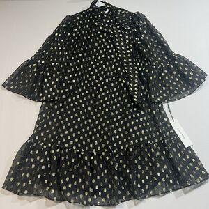 NWT Calvin Klein Metallic Gold Dot Tie-Neck Bell Sleeve Chiffon Dress Size 4